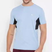 Naked sleeve men's sky blue round T-shirt