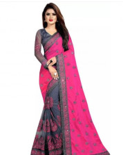Half and half Net Pink Mirror Work Saree With Blouse
